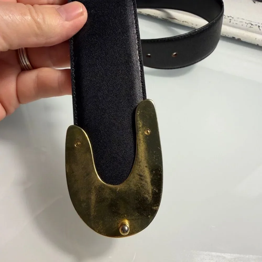 Vintage Toledano Black Genuine Leather Belt Gold Sculptural Buckle Sz Small #763